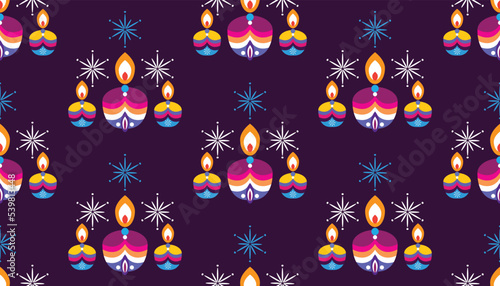Traditional Indian festival Diwali seamless pattern Happy Festival of lights Deepavali Template for textile, paper, cover Festive Burning diya graphic background Vector abstract flat illustration
