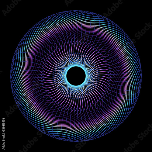 Abstract colorful spectrum light lines weaving pattern in circle shape isolated on black background. Vector illustration in modern concept of science, music, technology. 