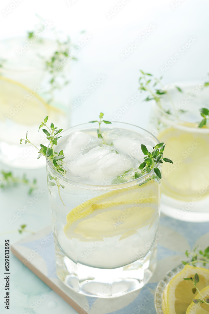 Glasses with lemon and thyme refreshing drink Glasses with lemon and thyme refreshing drink