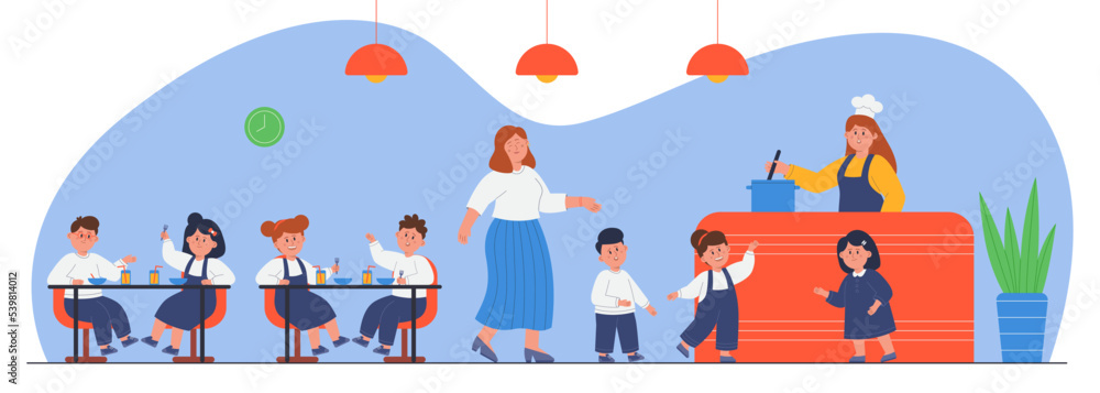 Kids buffet concept. School canteen, chefs giving food for children. S By  Microvector