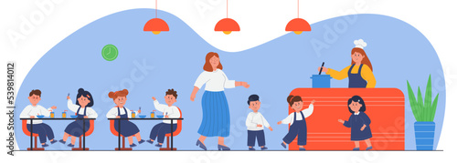 Group of cartoon children in school canteen. Girls and boys sitting on chairs and eating food in cafeteria or cafe, kitchen worker flat vector illustration. Education, lunch break concept for banner
