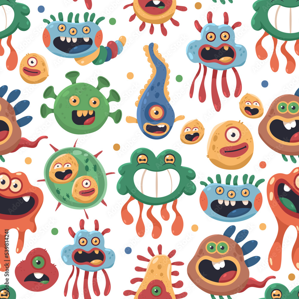 Cute germ and bacteria vector cartoon seamless pattern background for wallpaper, wrapping, packing, and backdrop. Cute germ and bacteria vector cartoon seamless pattern background for wallpaper, wrapping, packing, and backdrop.