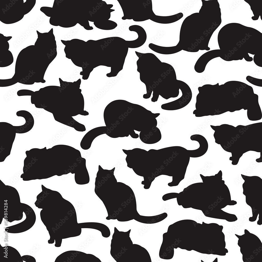 Cats black silhouette vector cartoon seamless pattern background for ...