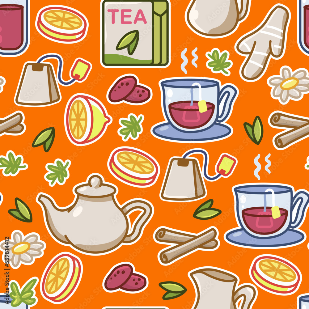 Teatime elements vector cartoon seamless pattern background for wallpaper, wrapping, packing, and backdrop. Teatime elements vector cartoon seamless pattern background for wallpaper, wrapping, packing, and backdrop.