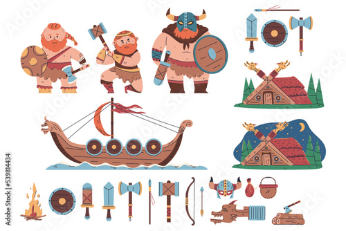 Cartoon vikings characters and elements vector set isolated on a white background.
