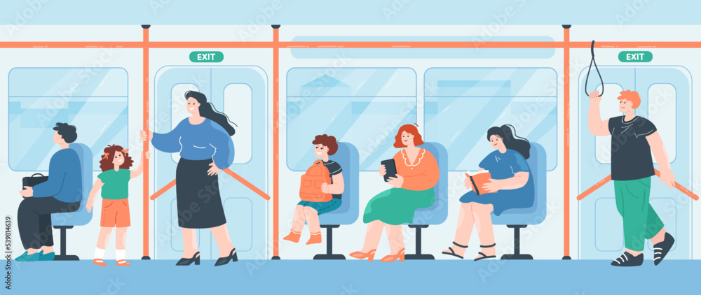 Cartoon people sitting or standing in bus or subway. Persons inside metro train getting to destination flat vector illustration. Transportation, public transport concept for banner or landing web page