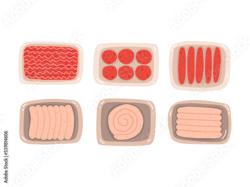 A flat vector set of various packages with semi-finished meat products, such as cutlets, barbecue sausages, minced meat, etc.