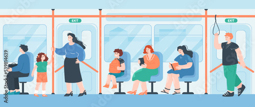 Cartoon people sitting or standing in bus or subway. Persons inside metro train getting to destination flat vector illustration. Transportation, public transport concept for banner or landing web page