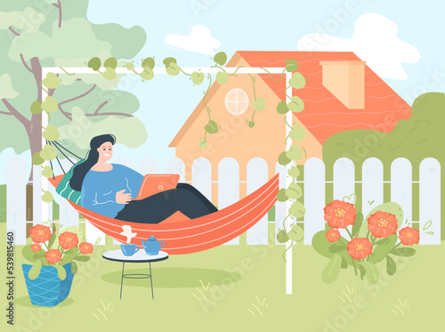 Girl lying in hammock with laptop flat vector illustration. Woman spending time in home garden or backyard, watching movie or reading book on laptop, drinking tea. Summer, relax concept