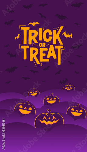 Halloween banner. Dark scene with shinning carved pumpkins. Vertical design for social media posts.