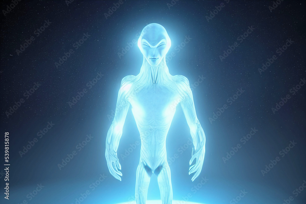 fantasy illustration of small gray alien lifeform from reticuli system and blue light glowing body