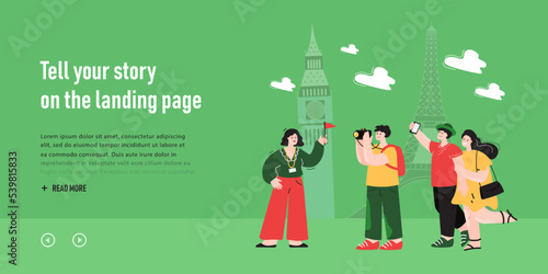 Group of tourists sightseeing and female tour guide holding flag. Happy cartoon people visiting cities on trip, person looking at map flat vector illustration. Traveling, vacation, tourism concept
