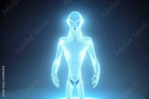fantasy illustration of small gray alien lifeform from reticuli system and blue light glowing body