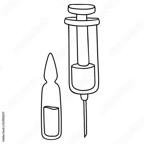 A medical syringe. Doodle of liquid medicine for injection. Contour drawing in black, linear icon of a syringe with a vaccine, analysis, liquid vitamins