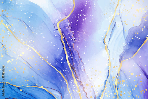 Cyan blue liquid watercolor background with golden stains. Teal turquoise and violet marble alcohol ink drawing effect. Vector illustration design template for wedding invitation, menu, rsvp
