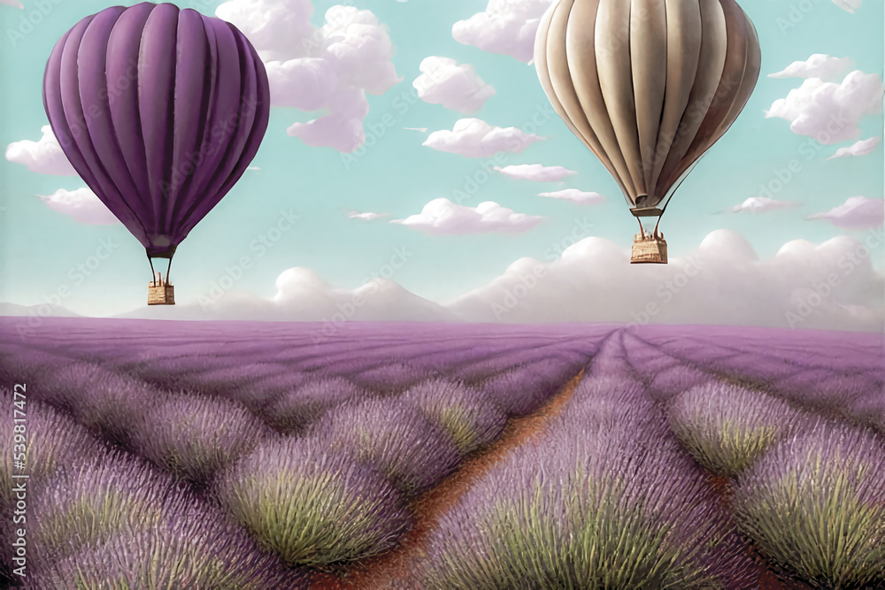 Fototapeta premium Lavender field, beautiful view, flying balloon, white-maned clouds, fantastic landscape