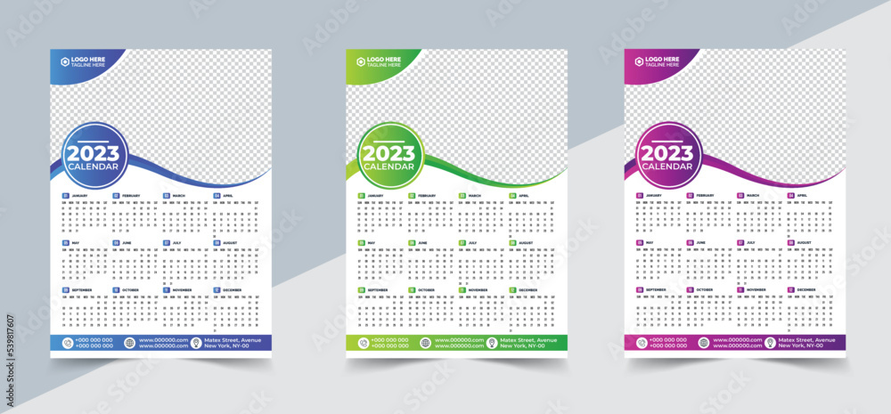 Monthly Wall calendar template for 2023 year. Week Starts on Sunday. Wall calendar in a minimalist style	 - obrazy, fototapety, plakaty 