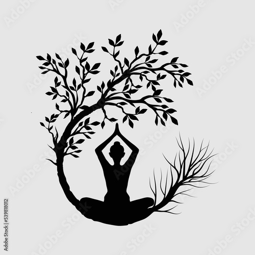Woman meditation with round tree graphic for t-Shirt design , poster, mug, calendar, book cover. Meditation silhouette.