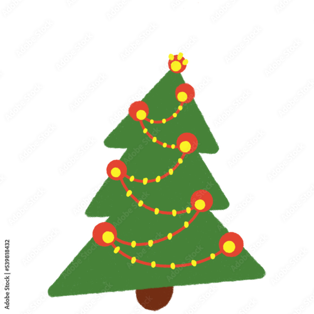 Hand drawn abstract new year tree with garland. Element for design. Green pine tree, red garlands, balls. PNG illustration. Hand drawn abstract new year tree with garland. Element for design. Green pine tree, red garlands, balls. PNG illustration.