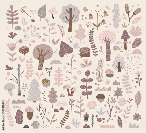 Large clipart forest plants in pastel colors. Set of hand drawn cute trees, branches, acorns, mushroom, twig, wild herbs, berries and flowers. Scandinavian style vector flat botanical illustration