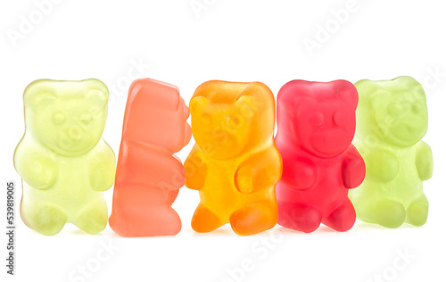Collection of jelly gummy bears isolated on a white background. Childhood, chewing jelly candies.
