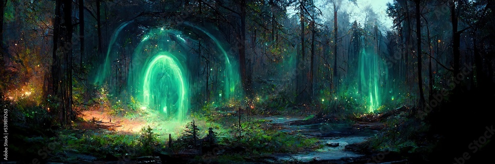 Fantasy magic portal in a Deep magical forest. 3D illustration. Generative AI - obrazy, fototapety, plakaty 