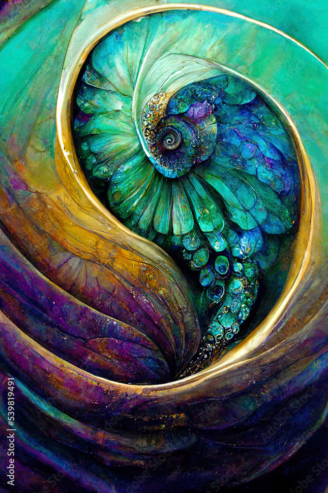 Nautilus of our dreams, we follow your path. Path of beauty and grace. Imaginary illustration of a perfect beautiful creature leading us to our destination. Generative AI