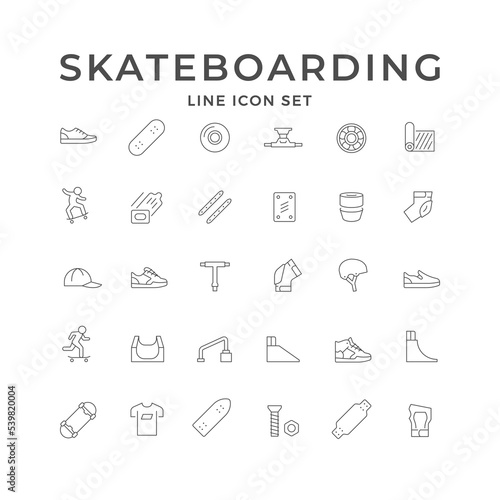 Set line outline icons of skateboarding