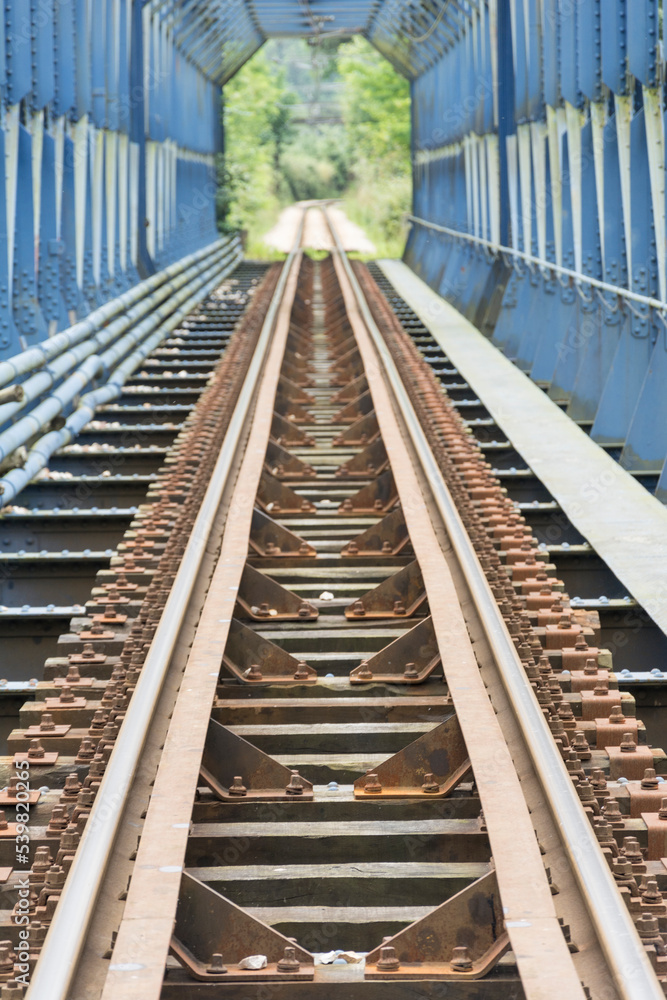 Fototapeta premium Railway in the countryside. Blue. Perspective. Iron