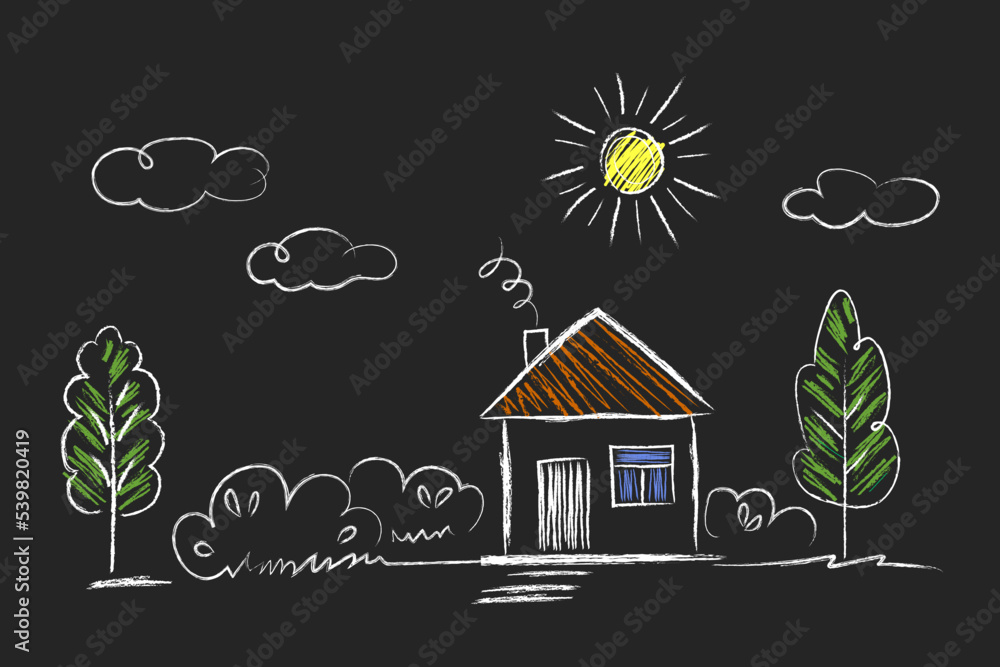 House, Sun, tree - doodle drawings are drawn by child's hand in chalk on the asphalt or on the school blackboard. White lines and color coloring on black blue background - obrazy, fototapety, plakaty 