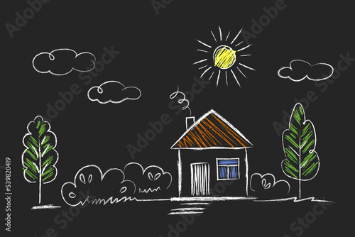 House, Sun, tree - doodle drawings are drawn by child's hand in chalk on the asphalt or on the school blackboard. White lines and color coloring on black blue background