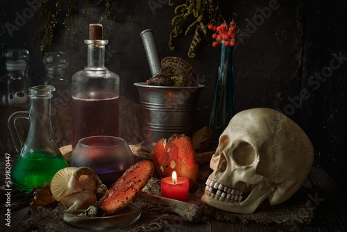 Fototapeta Still life in a low key - a table with attributes of witch spells and charms