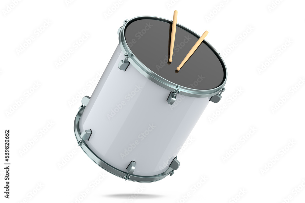 Realistic drum and wooden drum sticks on white. 3d render of musical instrument Realistic drum and wooden drum sticks on white. 3d render of musical instrument