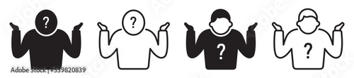 Set of shrug icons, doubt. Question mark, unsure, people, man. Vector.