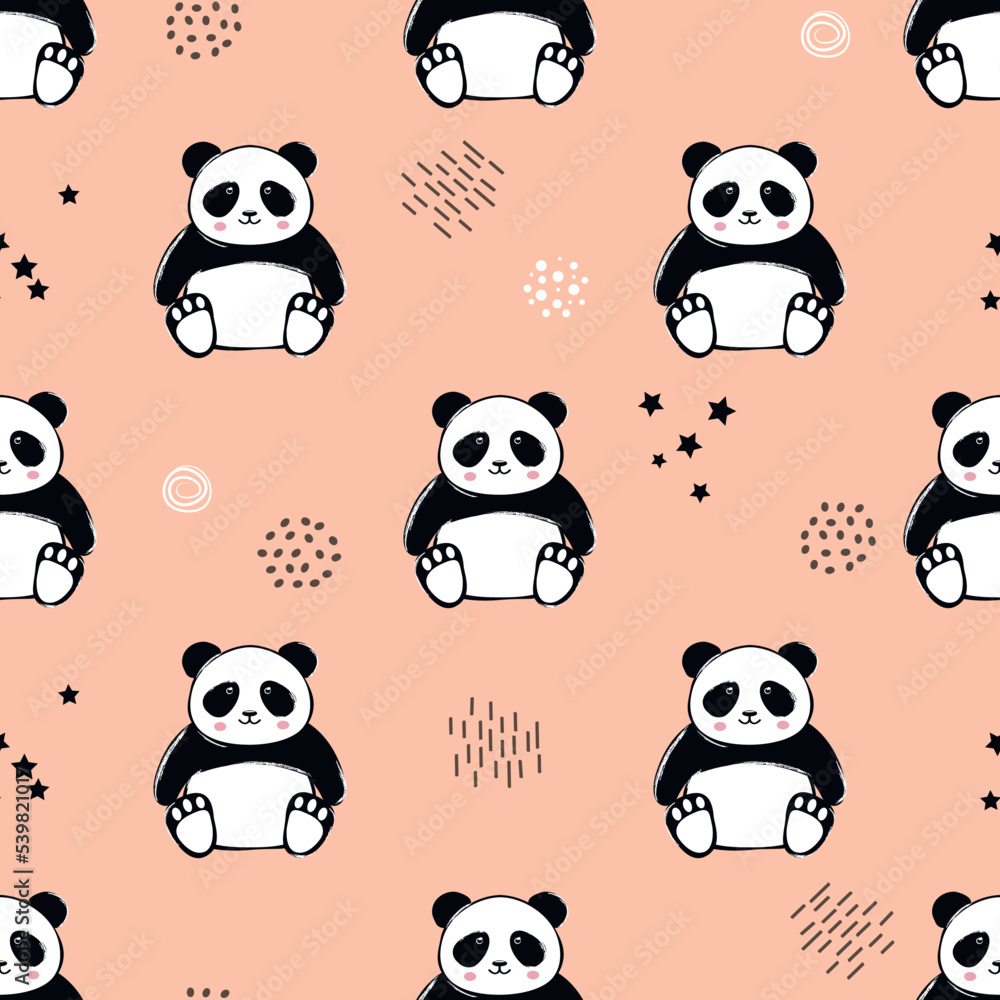 Obraz premium Seamless childish pattern with a cute panda black and white bear on a pink background. Trendy scandinavian kids print for clothing, fabric, textile, packaging, wallpaper.
