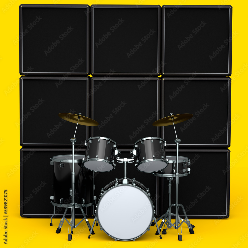 Set of realistic drums with metal cymbals or drumset and amplifier on yellow
