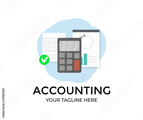 Accounting process, finance analysis, financial management, calculator logo design. Financial report, finance concept, payday, tax income, bills, credit vector design and illustration.