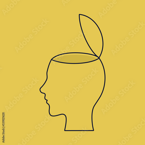 vector linear illustration head with an open part on a yellow background. the concept of propaganda, obtaining information and influencing consciousness