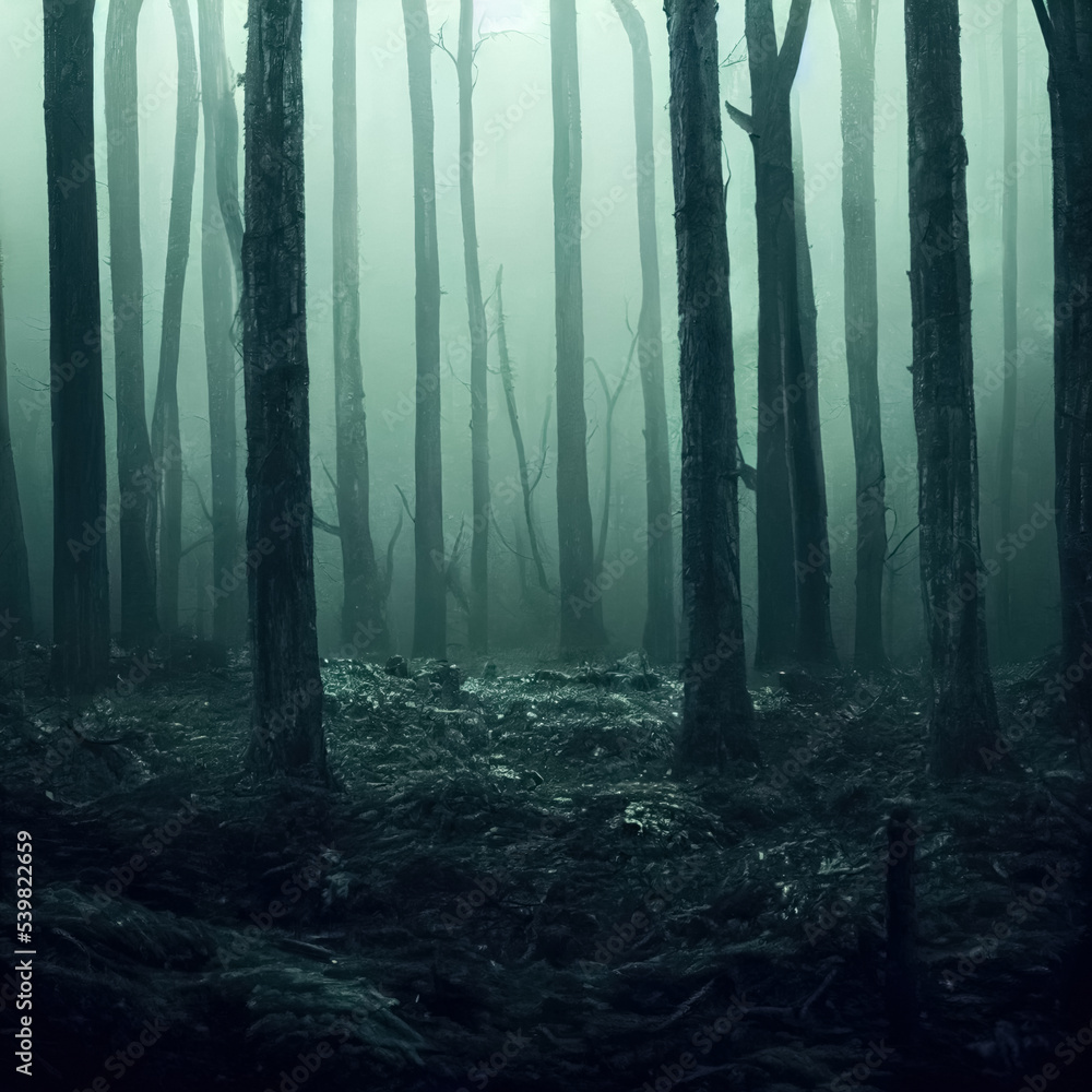 Naklejka premium Gloomy, spooky, foggy dark forest landscape. Mysterious horror forest background. 3D illustration.
