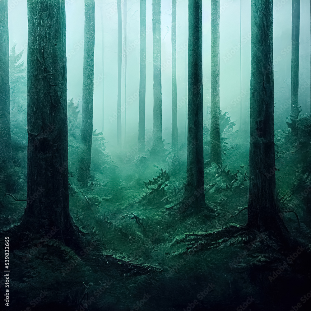Fototapeta premium Gloomy, spooky, foggy dark forest landscape. Mysterious horror forest background. 3D illustration.