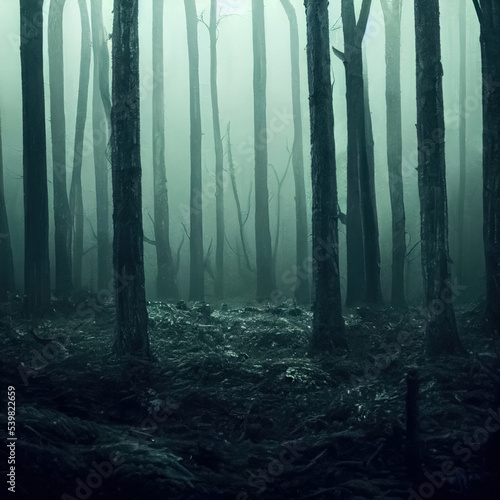 Gloomy, spooky, foggy dark forest landscape. Mysterious horror forest background. 3D illustration.
