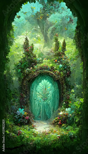 Fantasy magic portal in mystic fairy tale forest. Fairy door to the parallel world. 3D illustration. photo