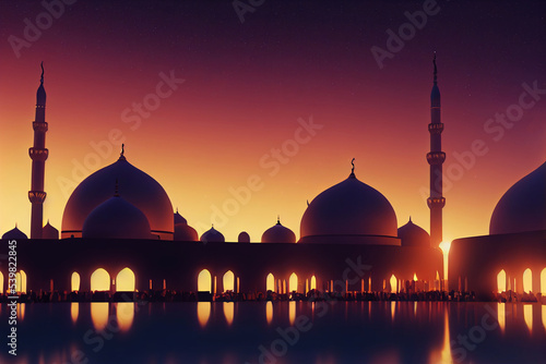 Fotografiet mosque and crescent moon Ramadan Kareen background