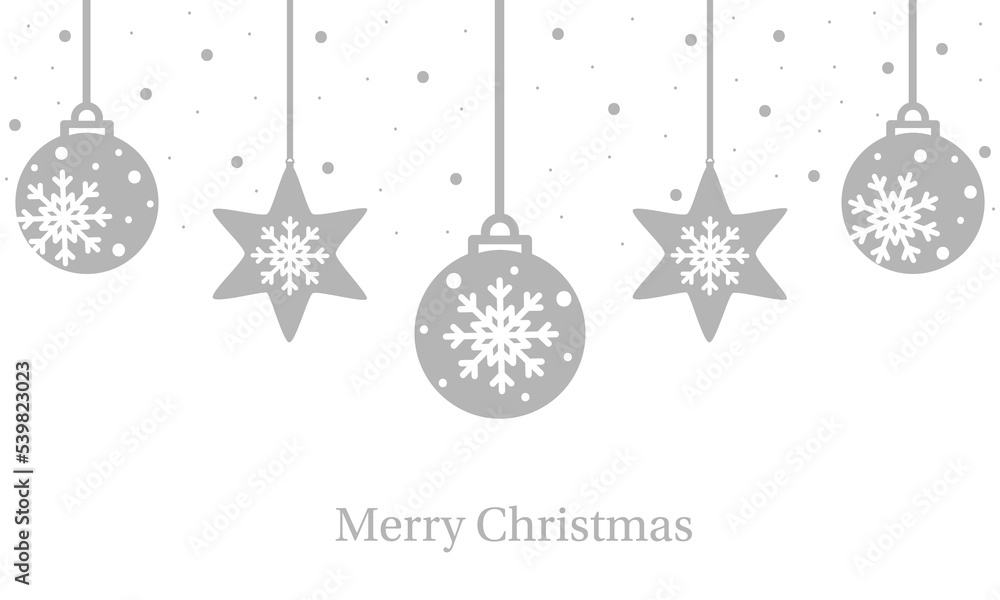 Christmas celebration card with hanging silver balls. Vector illustration of winter holidays.