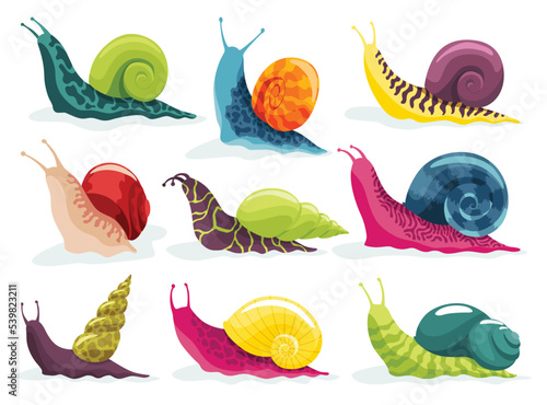 Snails crawling set. Collection snailfish colour shell. Colourful mollusk characters isolated in cartoon style. Multicolored slugs, gastropods, snail-shaped for kids design or speed snail-paced