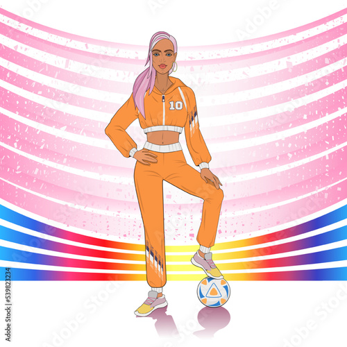 Young woman soccer player with ball. Fashionable tracksuit with print, abstract sports background.
