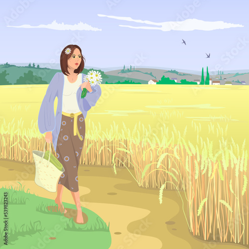 Walk of a young woman with a bouquet of flowers along a wheat field. Summer rural landscape in European style. Nature and wildlife illustration.