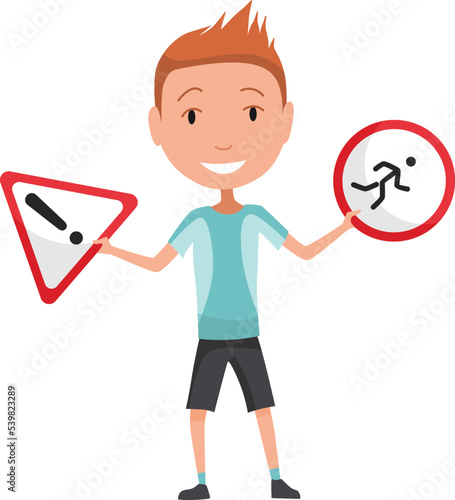 Kid learning road sign. Traffic road education. School kid learning rules of road set. Children learn, educational scene, safety pedestrian movement