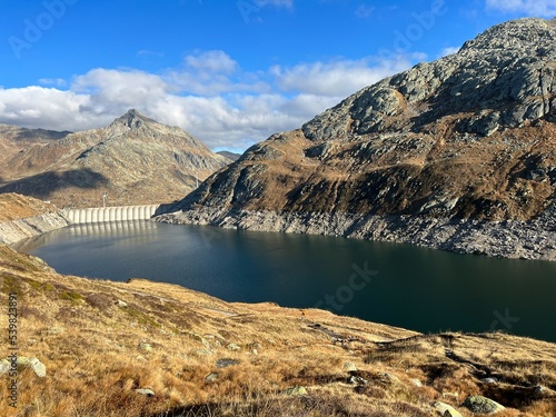 Artificial reservoir lake Lago di Lucendro or accumulation lake Lucendro in the Swiss alpine area of the St. Gotthard Pass  Gotthardpass   Airolo - Canton of Ticino  Tessin   Switzerland  Schweiz 