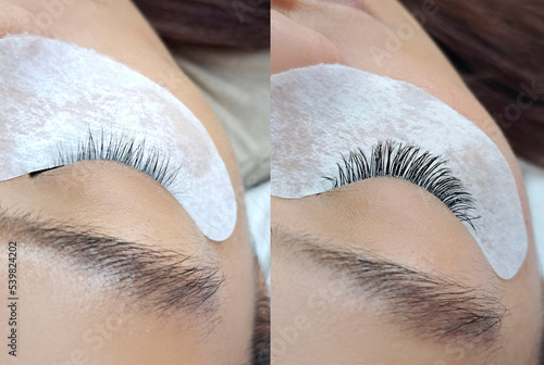 Close up of individuals eyelash Extensions in beauty salon before and after